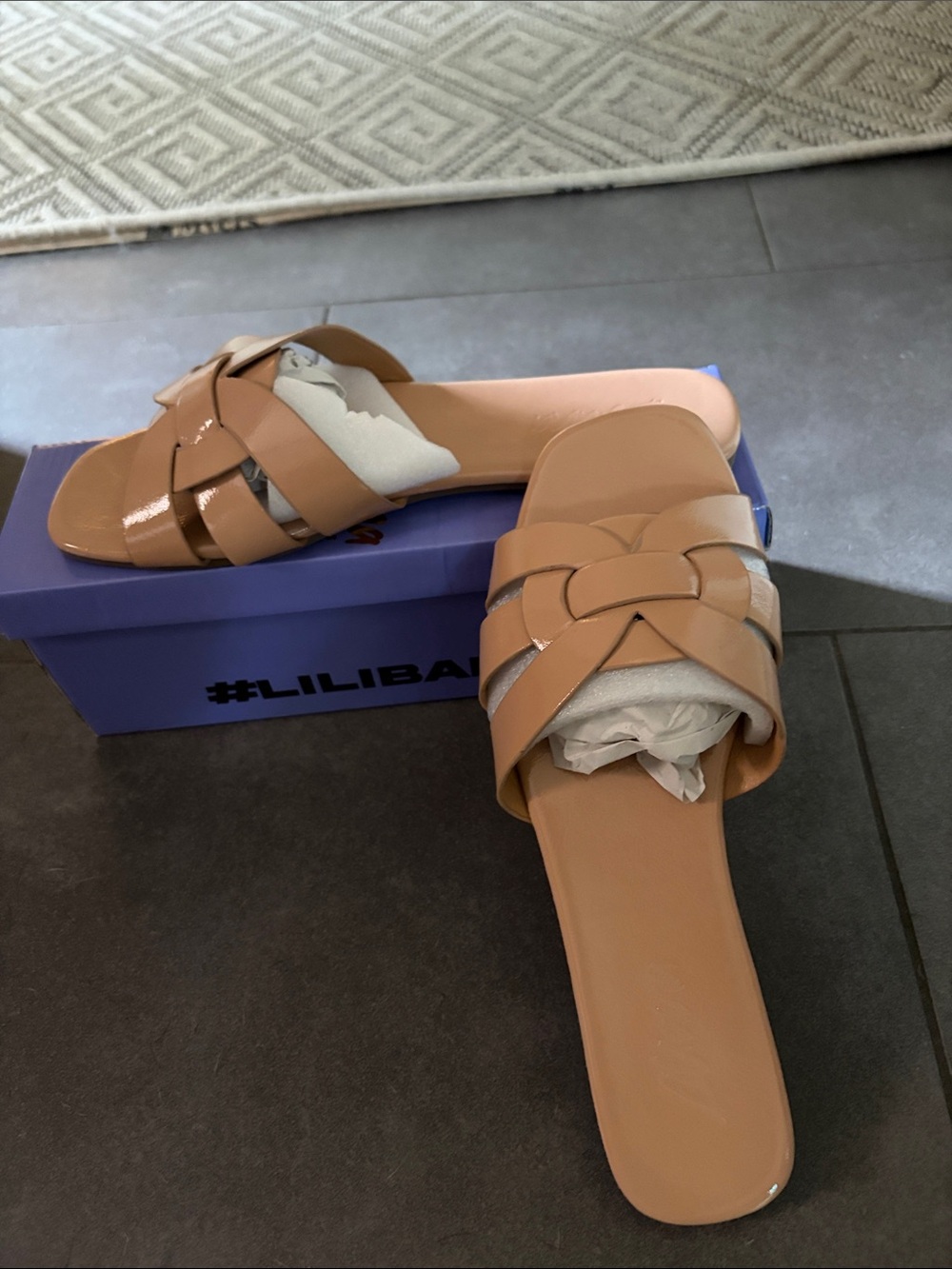 Liliana Tan Braided Patent Slide Sandals